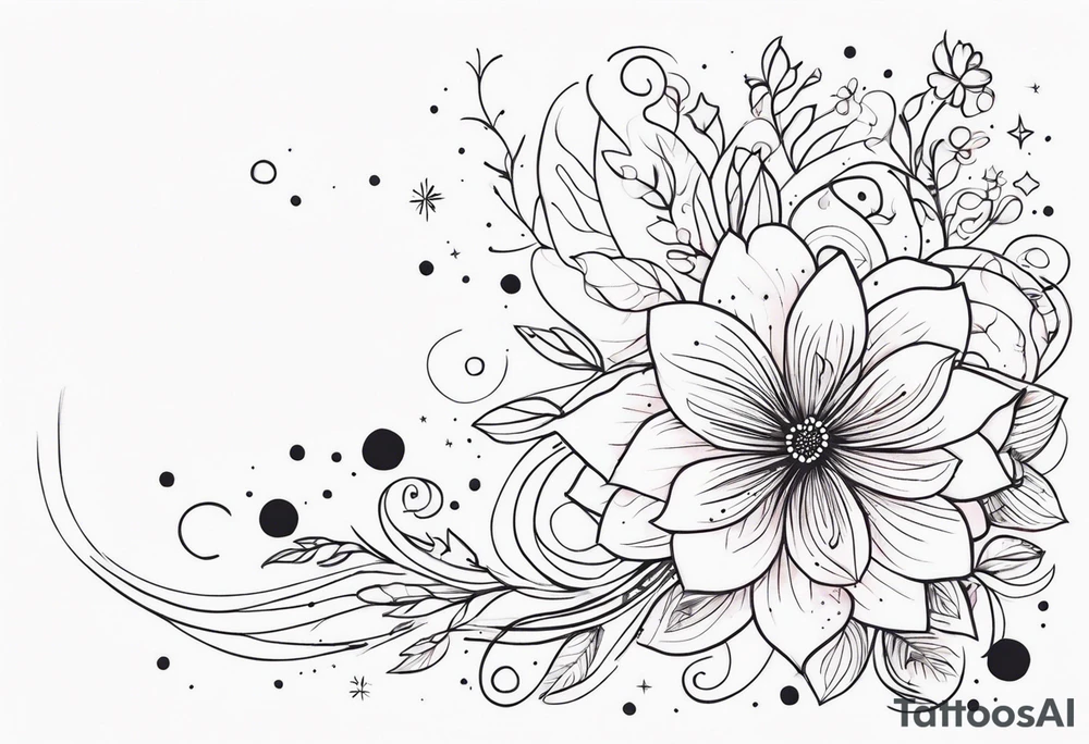 fine line floral with stars, swirls, dots tattoo idea