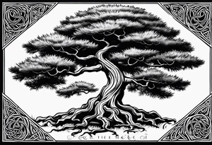 Pine tree on the oposite side a juniper tree, roots of botj trees are emtangeled in celtic trinity sign tattoo idea