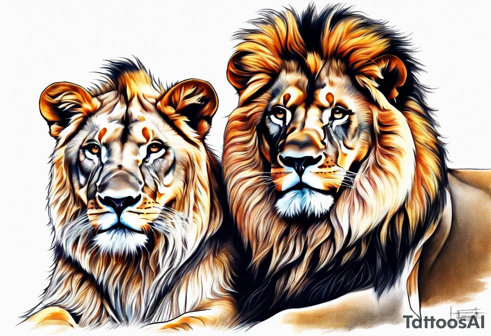 Realistic lion and lioness 
bonding tattoo idea