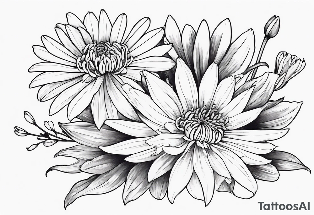 Asters, lillies, and chrysanthemums in a long line tattoo idea
