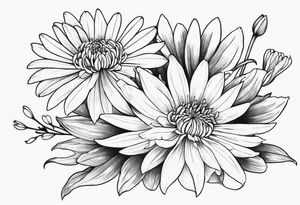 Asters, lillies, and chrysanthemums in a long line tattoo idea