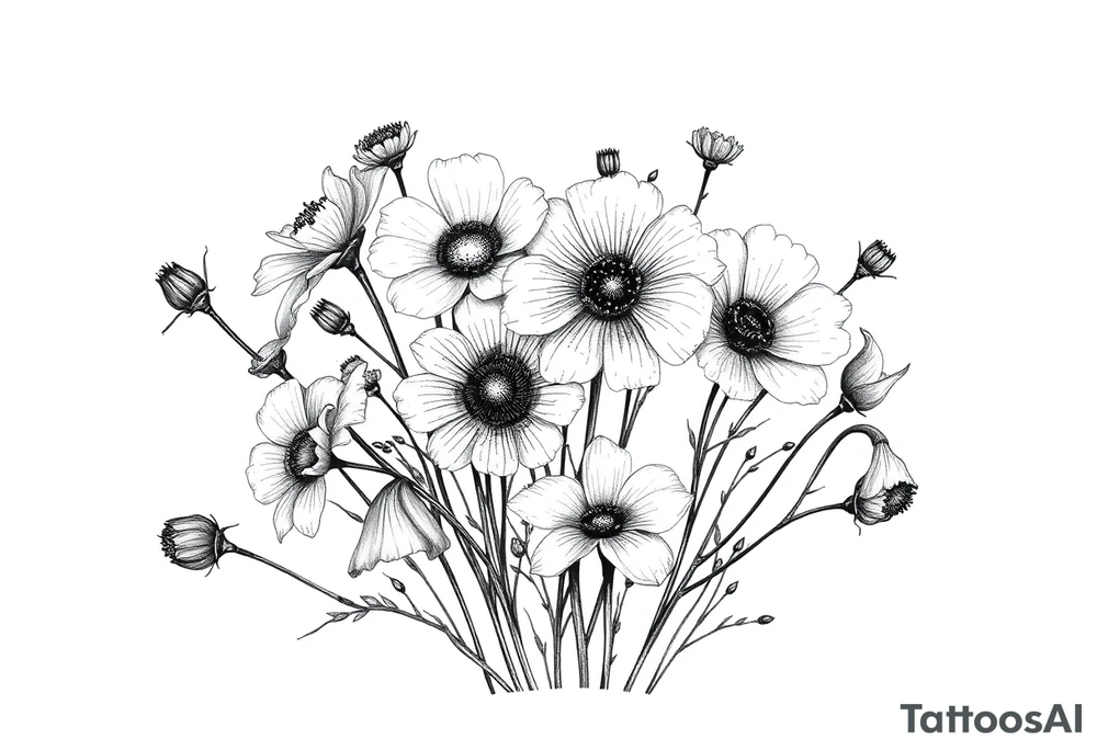 A cluster of wildflowers, with solid black shadows at the base and lighter stippling toward the petals. Some flowers in full bloom while some petals wilting or dropping symbolizing the passage of time. tattoo idea