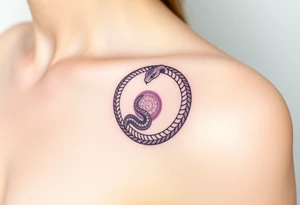 A lilac and golden Ouroboros snake forming cyrcle, with cosmic patterns resembling a swirling galaxy within its body. tattoo idea