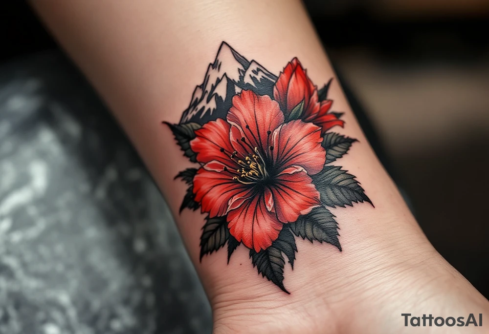 vertical wrist size red  and black rhododendron trippy with Himalayas behind tattoo idea