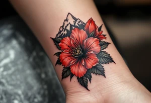 vertical wrist size red  and black rhododendron trippy with Himalayas behind tattoo idea