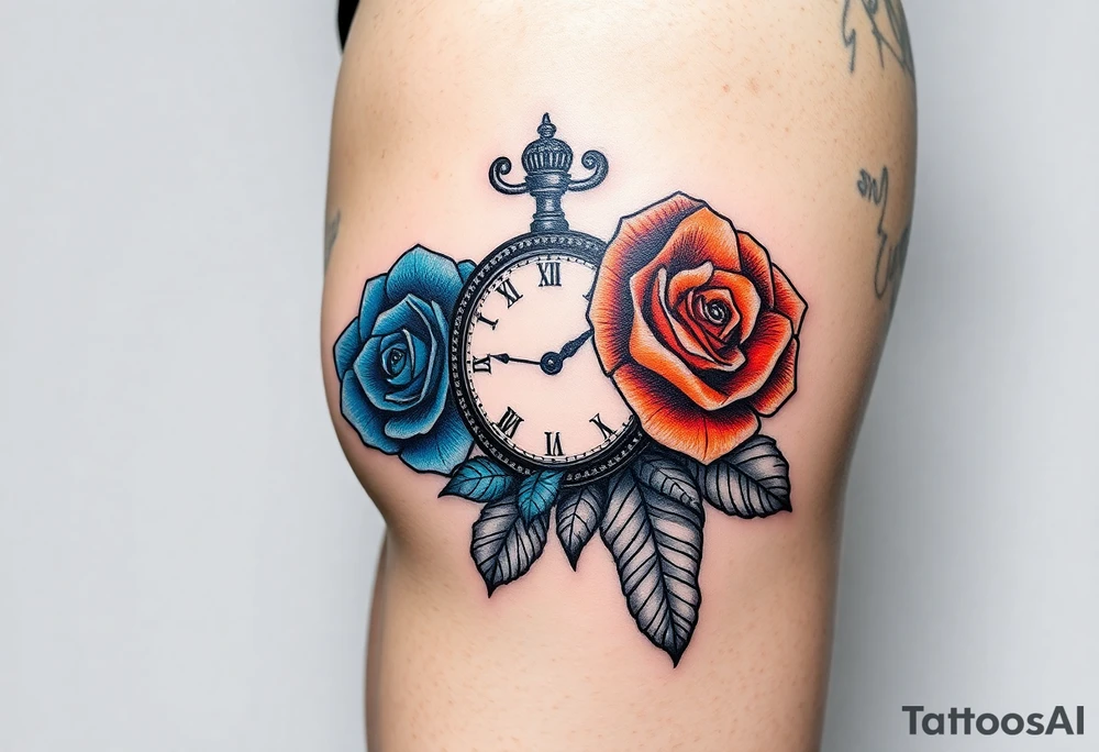 2 Blue and orange roses with a clock and name placeholder on the thigh tattoo idea