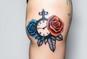 2 Blue and orange roses with a clock and name placeholder on the thigh tattoo idea