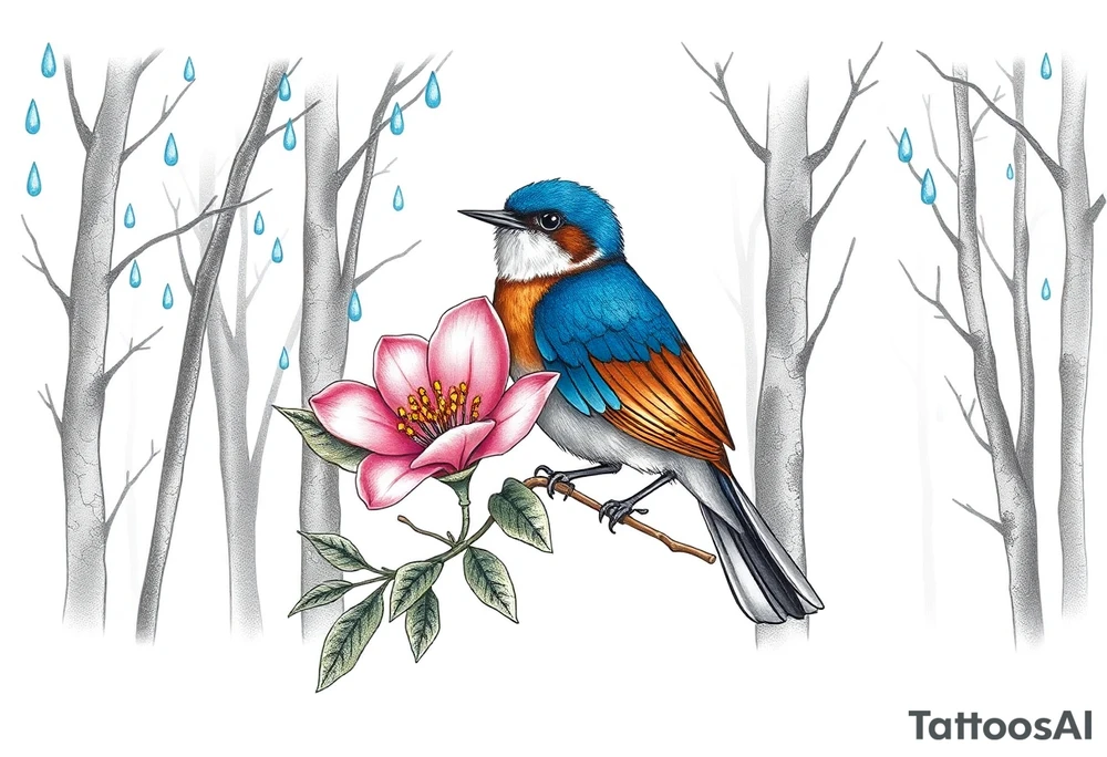 forest trees background
blue rain drops
pink camelia flower
blue and brown wren bird tattoo idea