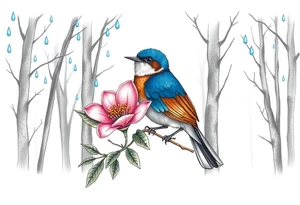 forest trees background
blue rain drops
pink camelia flower
blue and brown wren bird tattoo idea