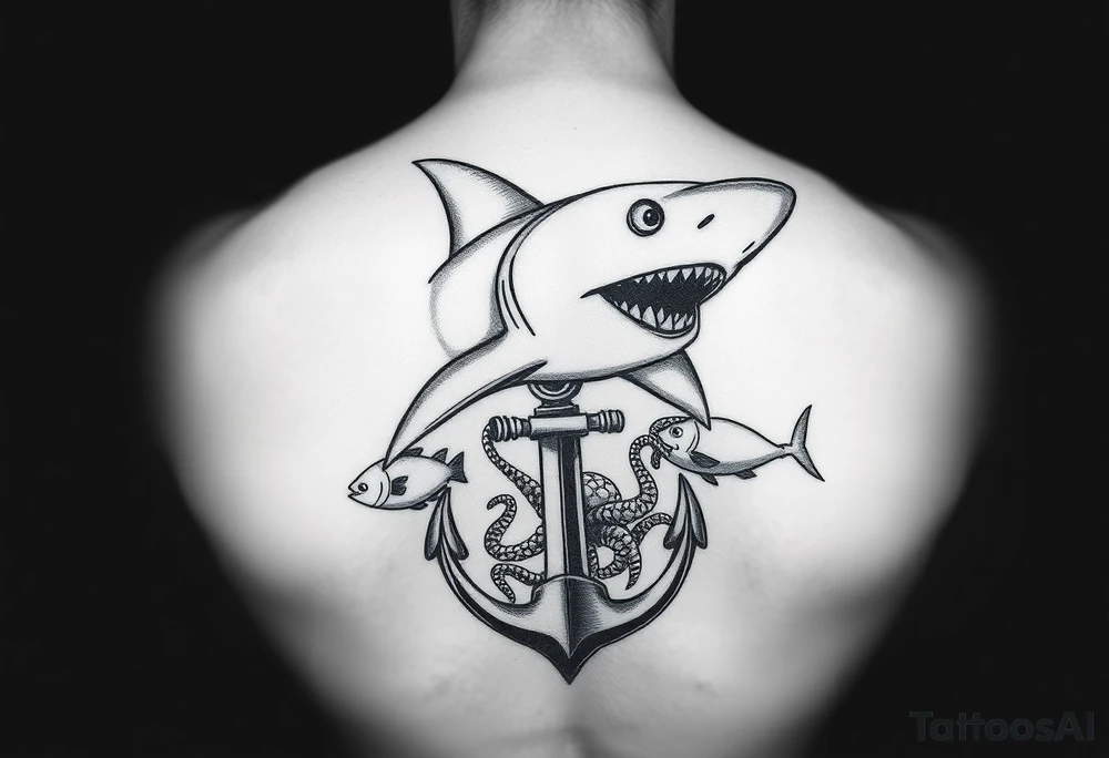 hammerhead-shark,under it an anchor,fishes,an octopus. tattoo idea
