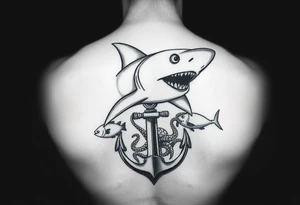 hammerhead-shark,under it an anchor,fishes,an octopus. tattoo idea