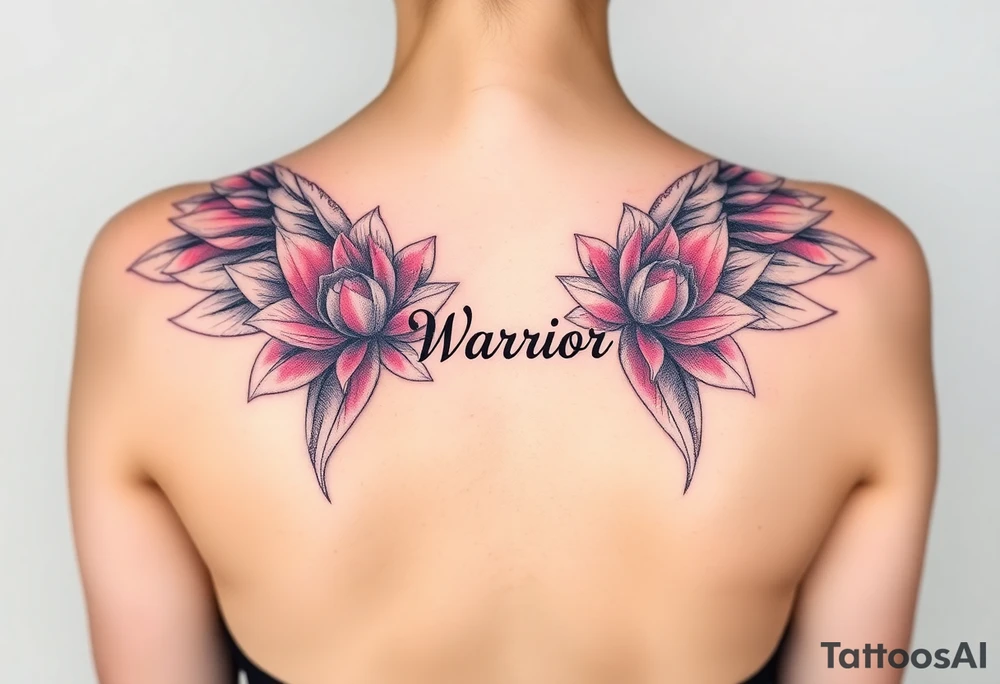 lotus flowers beautiful bold angel wings with word "Warrior" resembling strength and resilience tattoo idea