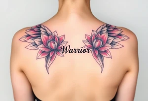 lotus flowers beautiful bold angel wings with word "Warrior" resembling strength and resilience tattoo idea