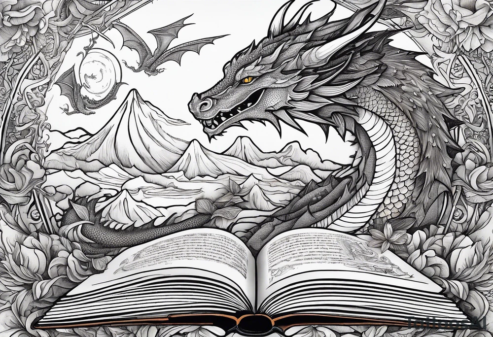 Open book, coming to life, whimsical, dragons tattoo idea