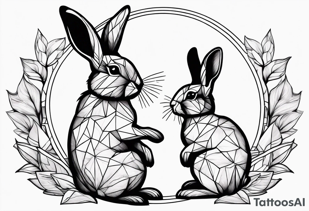 two bunnies, one smaller, one larger, with their backs, holding a maple leaf tattoo idea