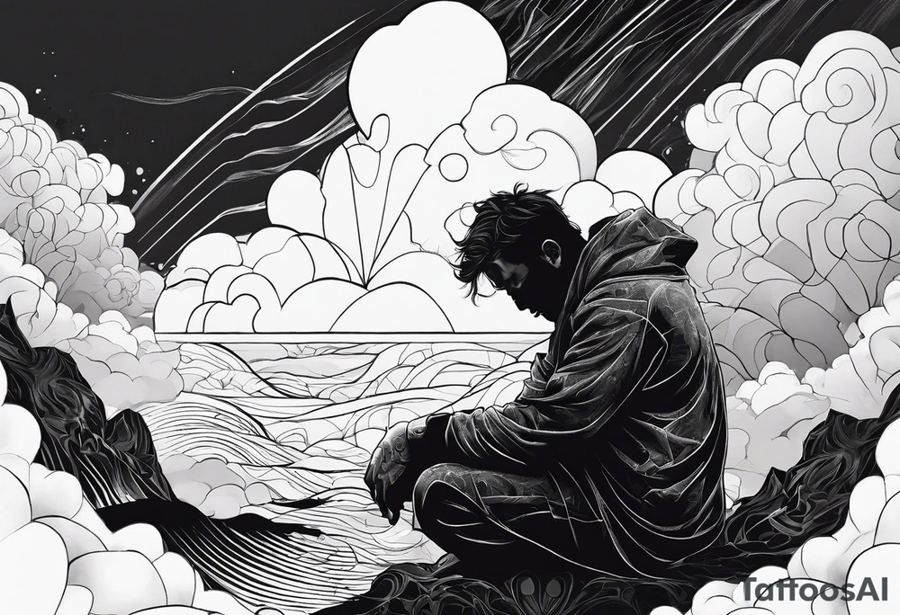 Men kneeling like he went through s bad time and a cloud looking like a debil behind him tattoo idea