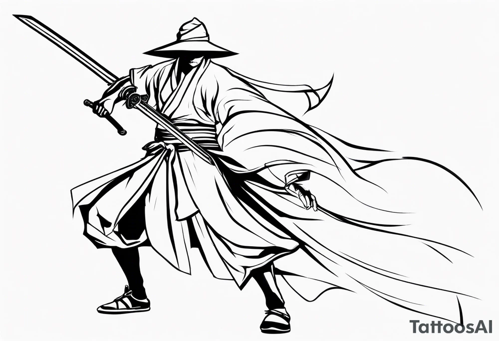 asian swordmaster and blind fold ready to attack tattoo idea