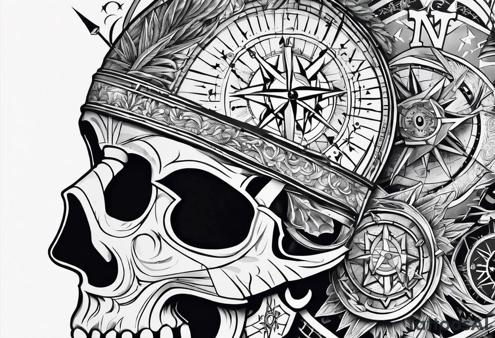 guy faux mask compass. Slashed lettering for the navigational directions and long fencing swords as the arrows tattoo idea