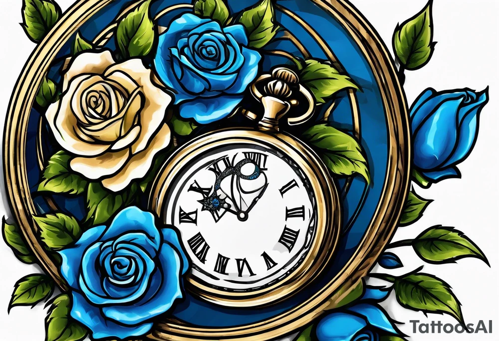 Pocket watch with blue roses tattoo idea