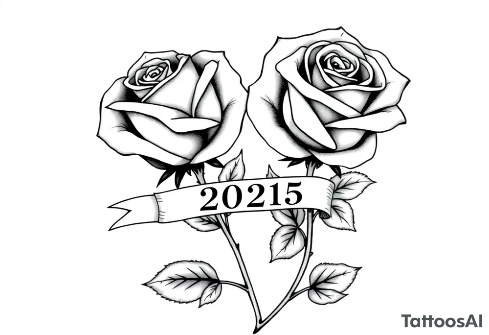 two beautiful large rose buds, one larger than the other, with many leaves next to the rose buds, with one sitting higher than the other. Include a banner connecting the two roses with "2025" on it.   Use dark outlines with little shading. The two stems should be short, not long, and connect and join into one stem, whimsically curved or twisted - not straight down. tattoo idea
