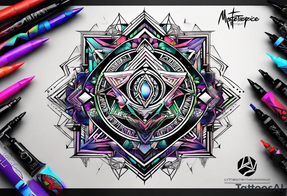 A tattoo design featuring geometric patterns and symbols inspired by psytrance and techno music, creating a unique and futuristic look. tattoo idea