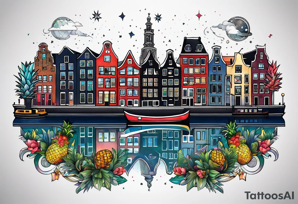 Animals featuring animals and featuring colours of the universe and galaxies and pineapples in amsterdam city featuring Amsterdam buildings and canal made of glass tattoo idea