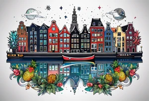 Animals featuring animals and featuring colours of the universe and galaxies and pineapples in amsterdam city featuring Amsterdam buildings and canal made of glass tattoo idea