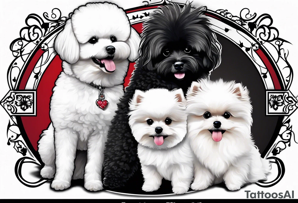 A white Bichon frise with a black pomeranian and a black poodle with the words “MFer For Life” tattoo idea