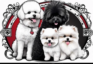 A white Bichon frise with a black pomeranian and a black poodle with the words “MFer For Life” tattoo idea