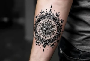 intricate mandala with sacred geometry and sunflowers tattoo idea