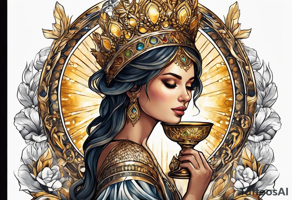 woman holding chalice surrounded by golden halo tattoo idea