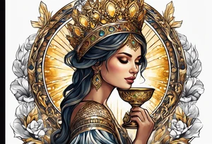 woman holding chalice surrounded by golden halo tattoo idea