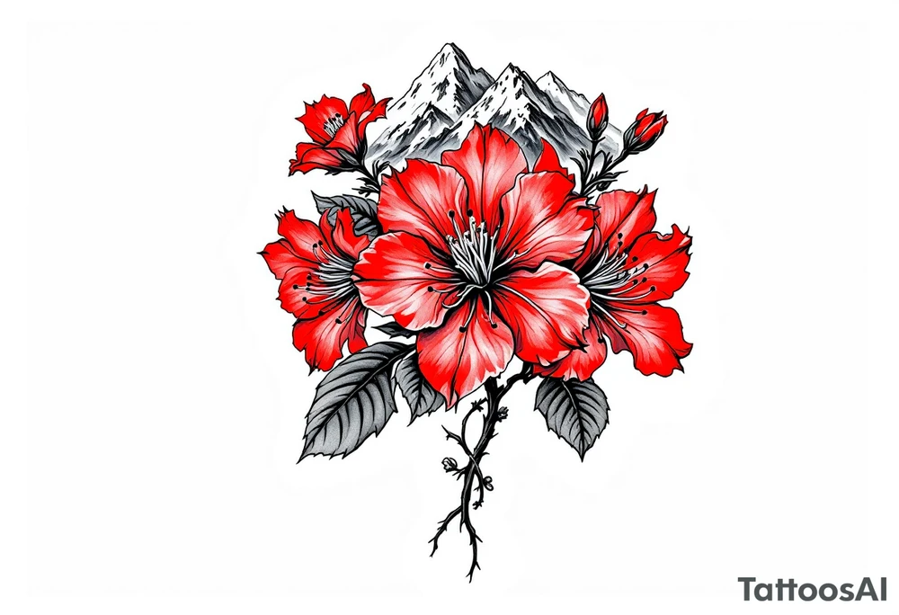 vertical wrist size red  and black rhododendron trippy with Himalayas behind tattoo idea