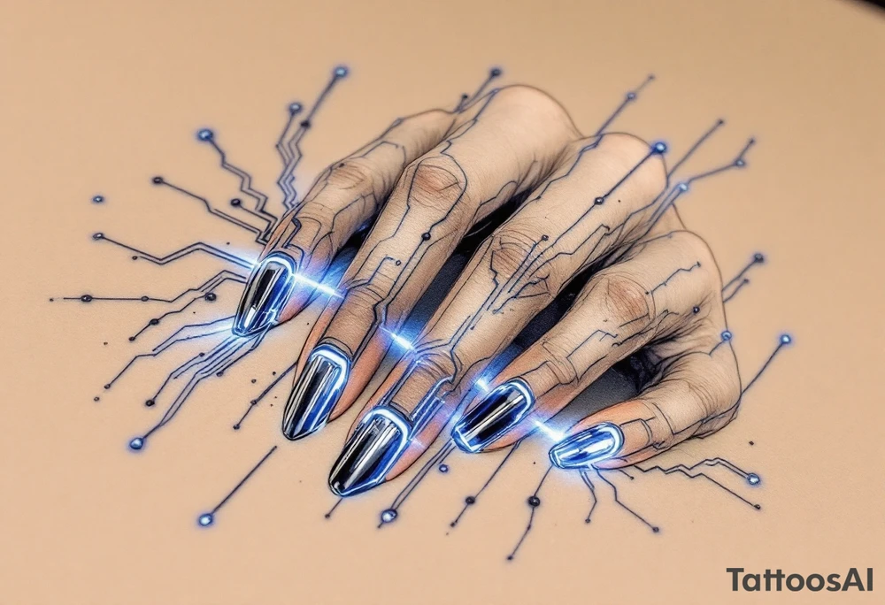 A futuristic chrome hand design with sapphire-blue lines tracing each finger like circuits. tattoo idea