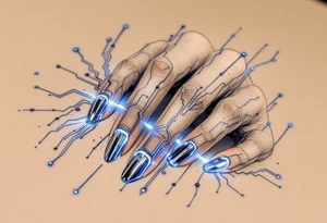 A futuristic chrome hand design with sapphire-blue lines tracing each finger like circuits. tattoo idea