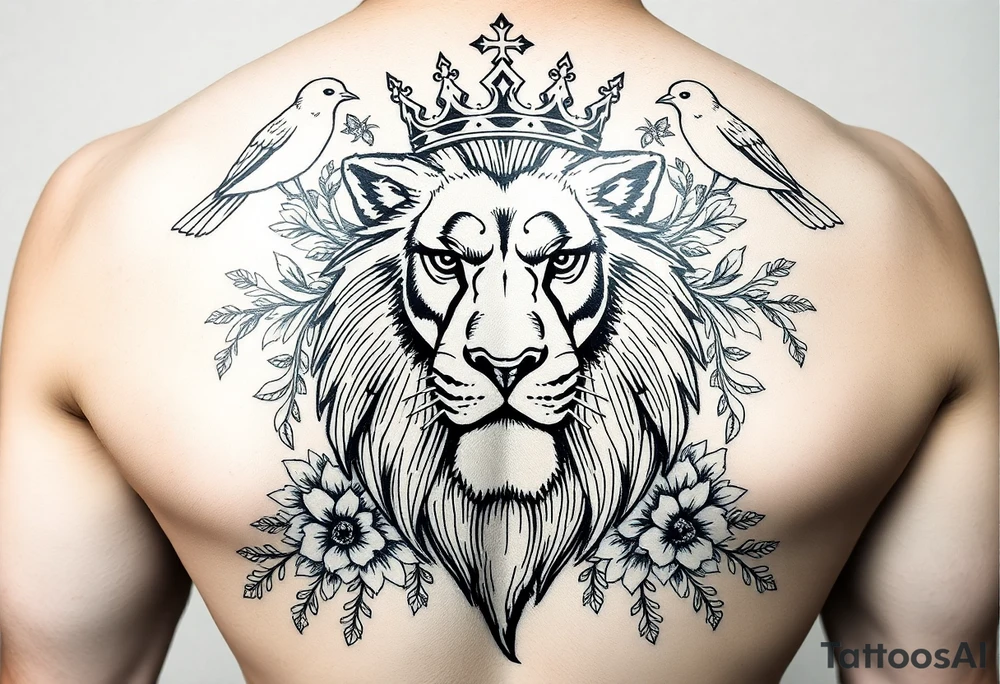 powerful majestic lion with a crown, surrounded by floral ornaments and birds tattoo idea