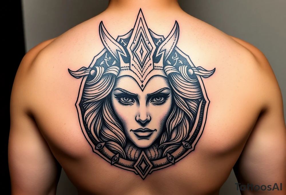 Female Viking Shield maiden face, black work, intricate lines, realistic, complex tattoo idea Female Viking Shield maiden face, black work, intricate lines, realistic, complex tattoo idea