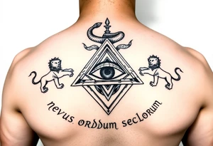 Pyramid with eye in the center, diamond with snake on the top,lions on corners,surrounded by words - novus ordum seclorum tattoo idea