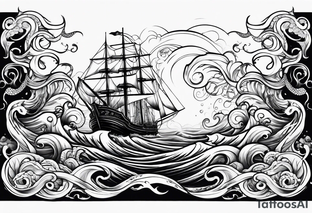 Ocean waves with anchor and octopus tentacles tattoo idea
