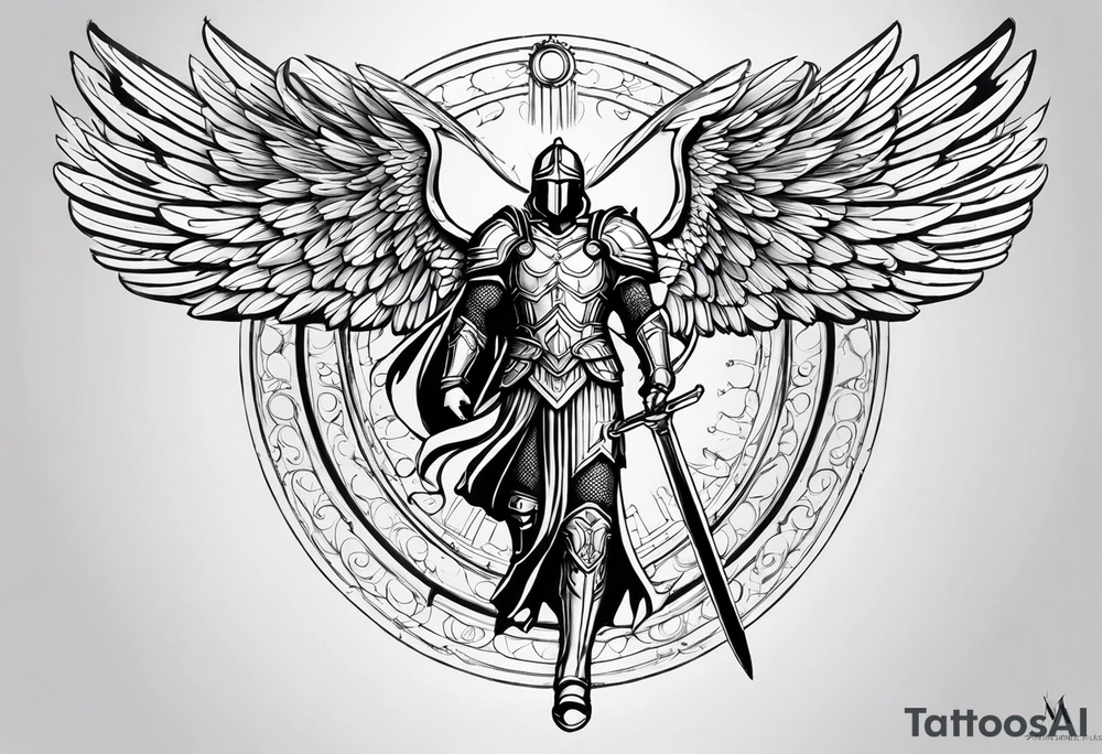 **Tattoo Design: Archangel Michael**

- **Central Theme**: Archangel Michael, majestic and powerful, stands ready with a raised sword, prepared to battle evil.
- **Appearance**: The figure of Archangel Michael depicted in full angelic armor, with majestic wings spread wide.
- **Expression**: His stance conveys strength, courage, and determination in defense of good.
- **Details**: Focus on intricate details such as facial features, armor embellishments, and the raised sword.
- **Background**: May be stylized as celestial, with rays of light or clouds, accentuating the divine presence of Archangel Michael.
- **Placement**: Intended for placement on the chosen body area, with the option to adjust the size according to personal preferences. tattoo idea