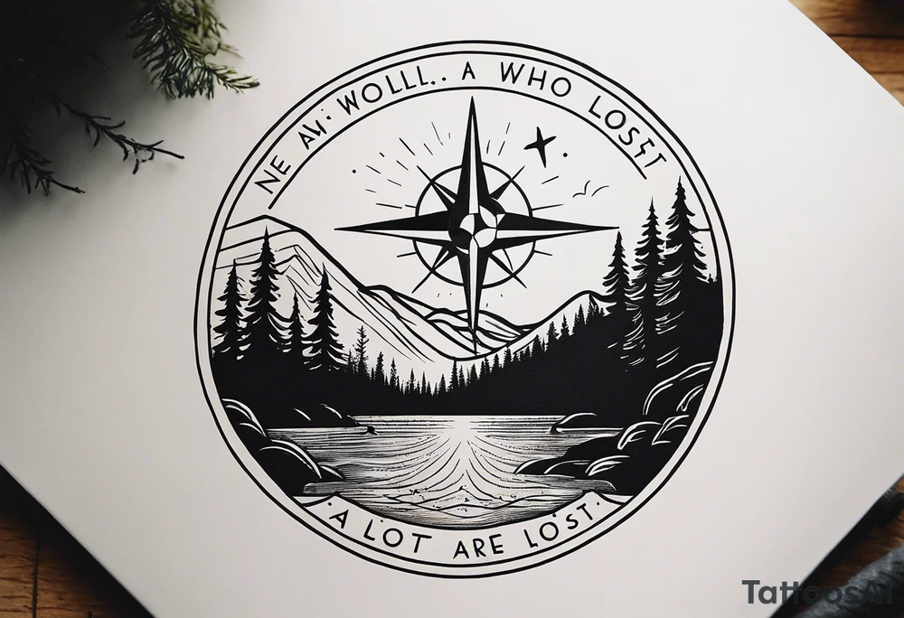 A half sleeve tattoo that features the quote **"Not all who wander are lost"** in elegant script on the outer forearm. Surrounding it are a compass rose and flowing elements like mountains, waves, and trees, symbolizing adventure and nature. Small travel icons like a plane and backpack are interspersed, enhancing the theme of exploration. The design uses a dynamic look that wraps naturally around your forearm. tattoo idea