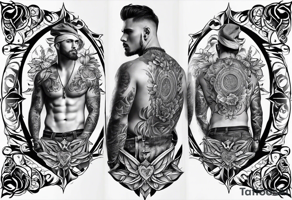 An aesthetic tattoo that is placed on the upper back of a male. It should represent catholic religion, discipline, pain tattoo idea
