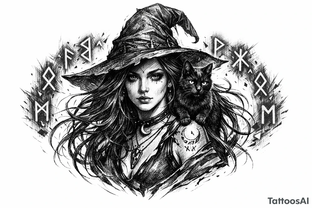 Young witch with flowing hair, a black cat perched on her shoulder, surrounded by glowing magical runes. tattoo idea