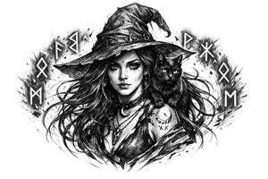 Young witch with flowing hair, a black cat perched on her shoulder, surrounded by glowing magical runes. tattoo idea