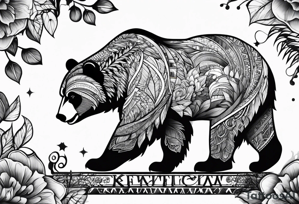 Powerful bear with the word family written tattoo idea