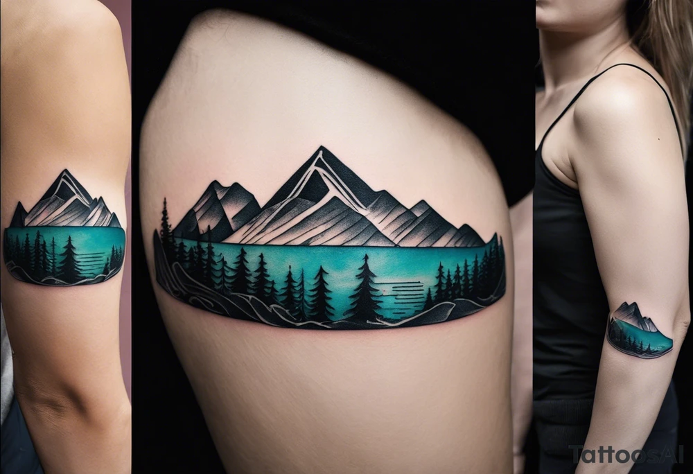 This is a minimalistic tattoo that is split into 2 sections; a top half and a bottom half. The top half is a mountain in Norway with a mountain bike trail winding down the mountain. The bottom half of the tattoo depicts an underwater scene featuring water, and sea life. tattoo idea
