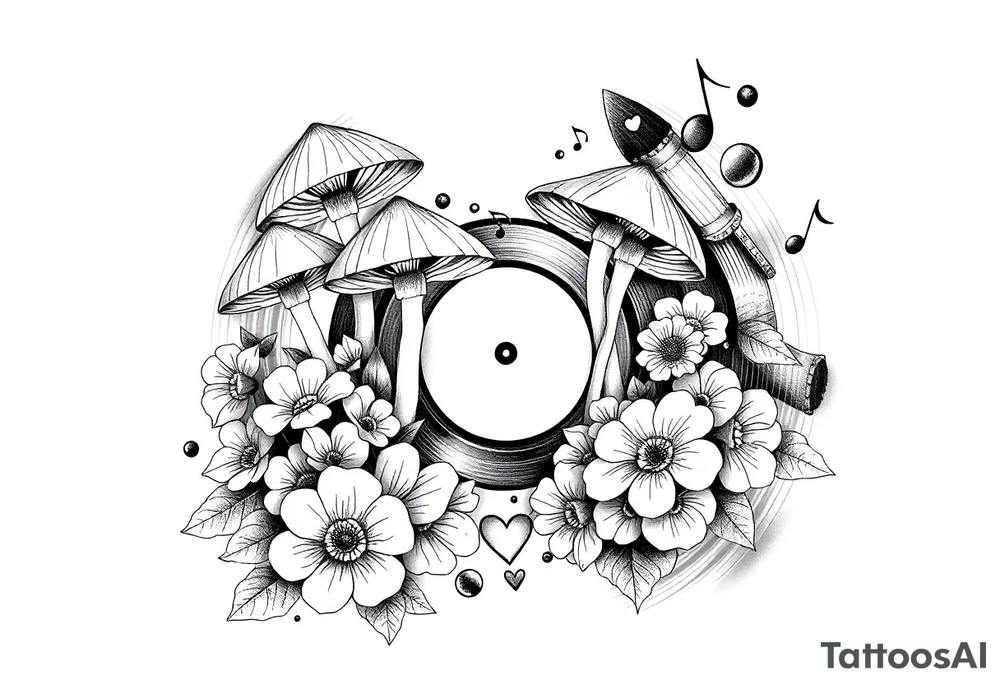 vinyl record with mushrooms, flowers, hearts, and music notes tattoo idea