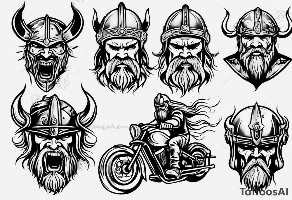 A viking riding face with flames and a motorcycle tattoo idea