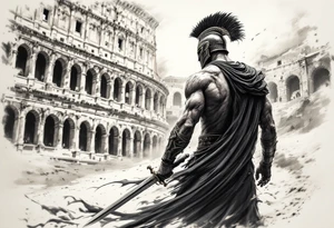 Powerful gladiator roman soldier view back standing full body provocative surrounded in interior colosseum combat sword helmet cape sand wind tattoo idea