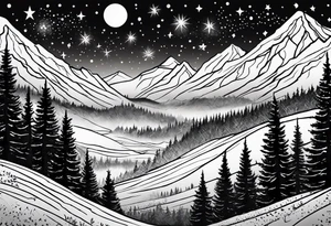 Lighter shaded night sky with stars, Night sky fading at edges, Mountains,Trees with snow on them tattoo idea